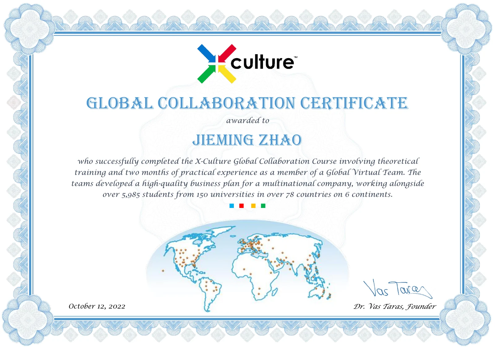X-Culture Global Collaboration Certificate awarded to Jieming Zhao on October 12, 2022